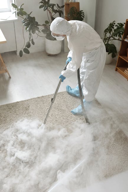 Close-up of a commercial vacuum cleaner with a transparent dust container filled with debris, positioned on a pink carpeted floor in a room with white walls and wooden skirting boards. The vacuum's fl